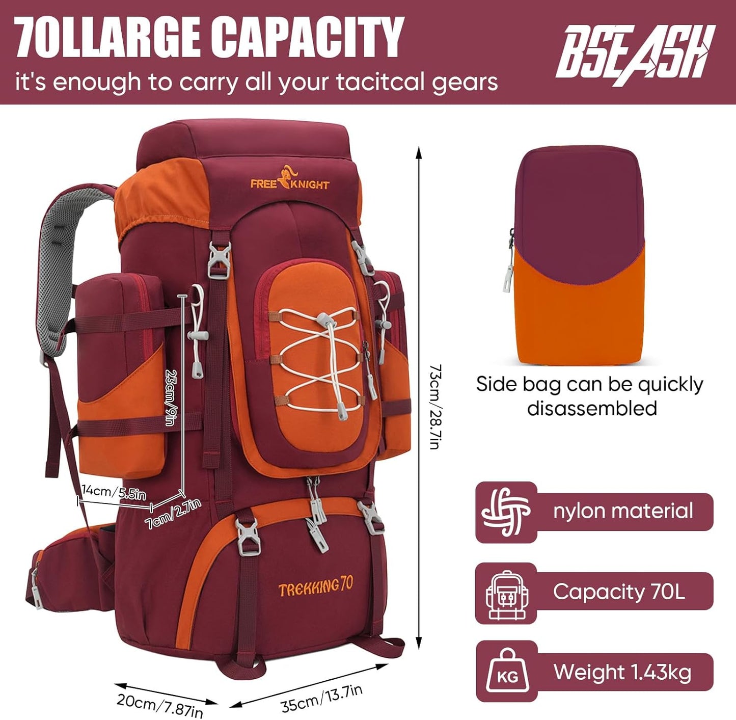 Bseash 70L (65+5) Waterproof Hiking Camping Backpack with Rain Cover, Outdoor Sport Travel Daypack for Climbing Touring (Red)