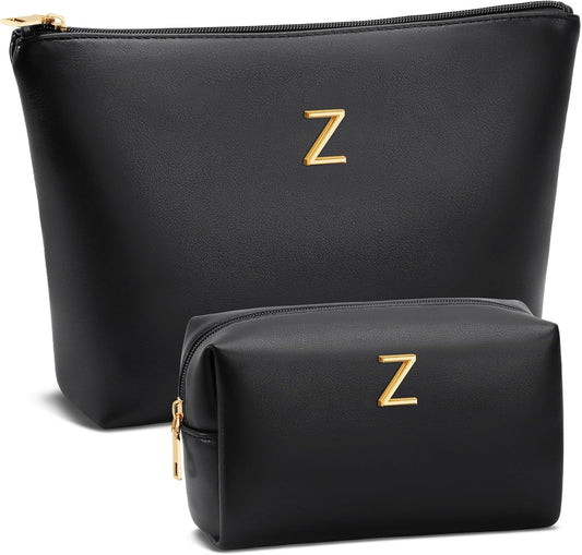 Women Gifts | Initial Makeup Bag Set for Girl Personalized Gifts for Bridesmaid Friend Graduation Teachers PU Leather Cosmetic Travel Toiletry Bag(Black,Z)