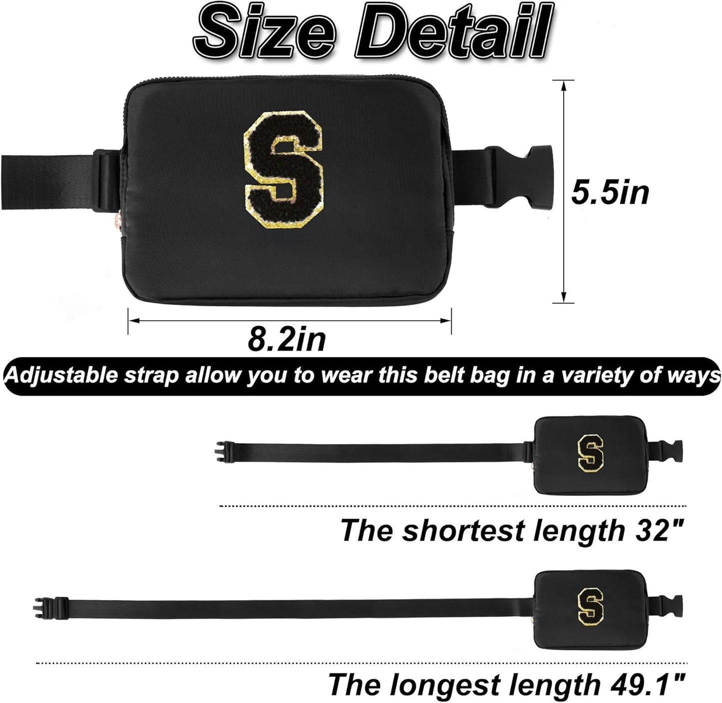 Personalized Belt Bag for Women Girls - Fashion Mini Waist Packs with Adjustable Strap - Trendy Travel Fanny Pack Crossbody Bags with Initial Letter - Teen Gifts | Black,S