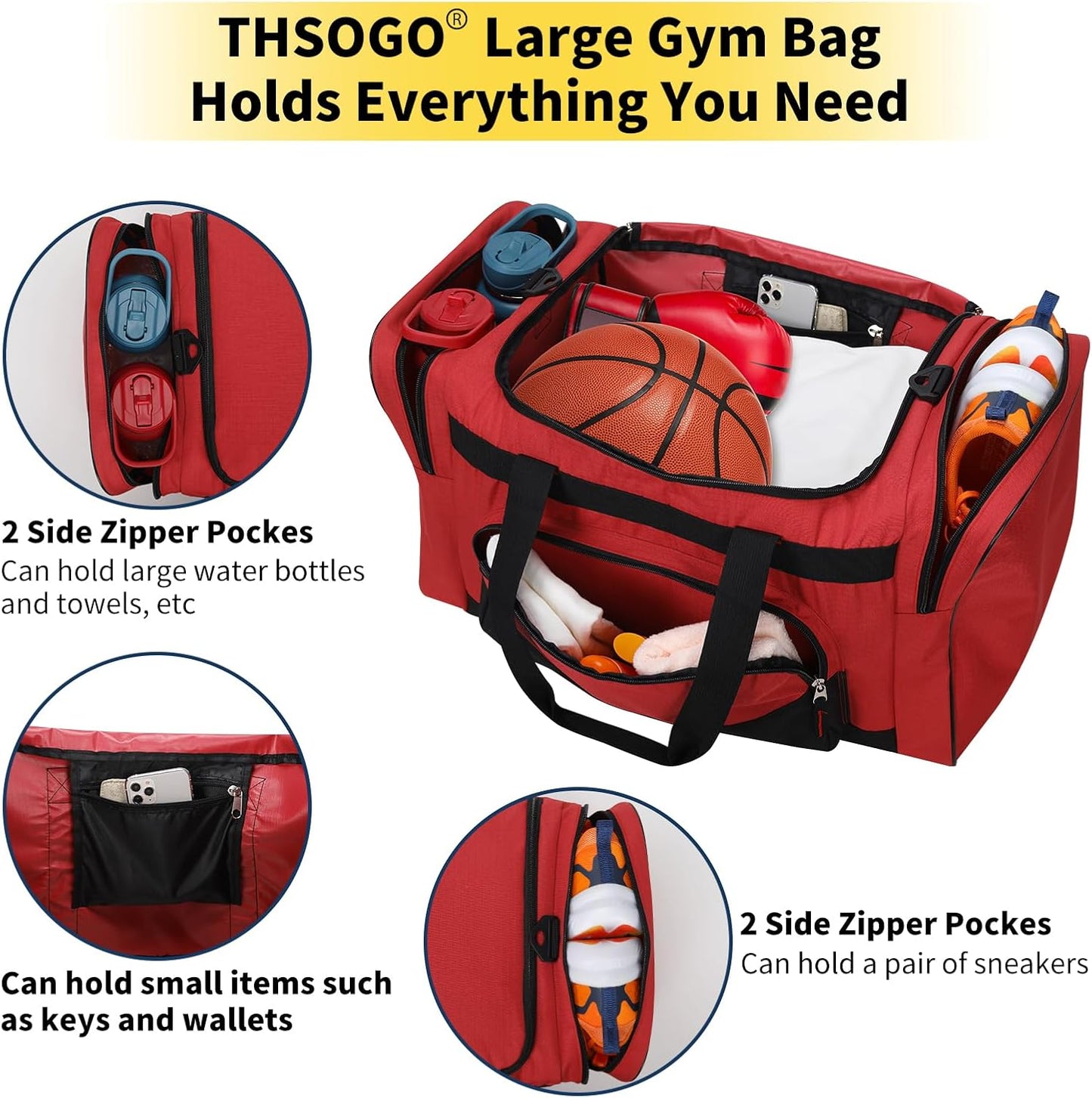22 inch Gym Bag for Men - 55L Large Travel Duffle Bag Sports Equipment Bag with Multiple Zippered Pockets,Outdoor Workout Duffle Bag for Overnight Weekend - Red