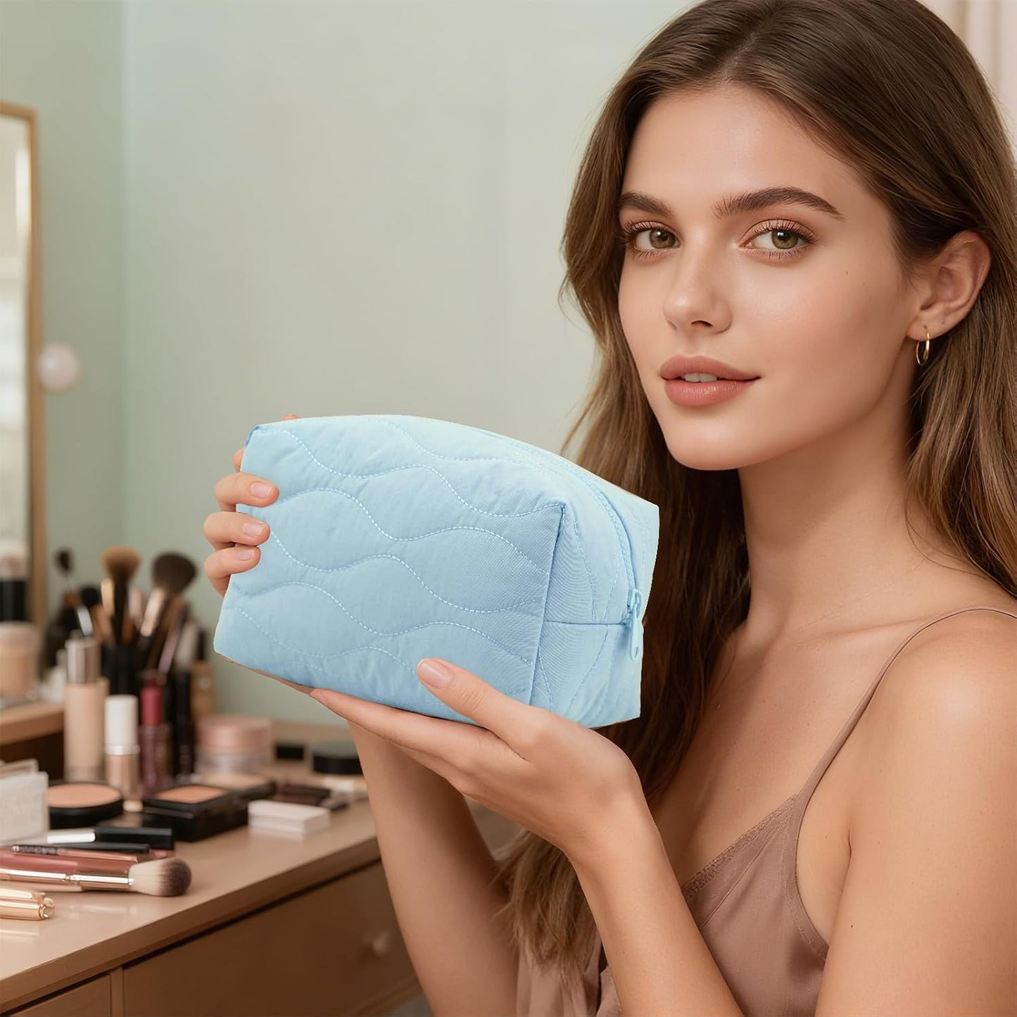 Make up Bag Travel Cosmetic Bag for Women Girls Zipper Puffy Padded Makeup Organizer Waterproof Portable Pouch Purse Lightweight Toiletry Accessories Storage Lake Blue