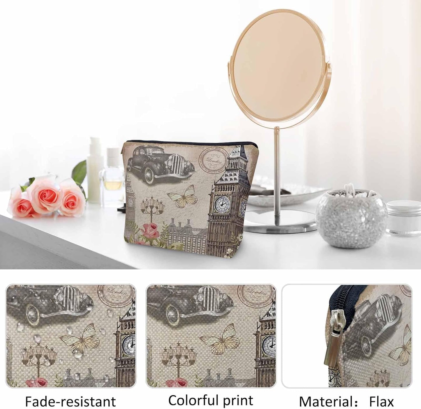 London Cosmetic Bags For Women, Vintage London Retro Car Big Ben Rose Roomy Makeup Bag Toiletry Bag Accessories Organizer Storage Bags Makeup Pouch For Travel Business Gym Camping Bathroom