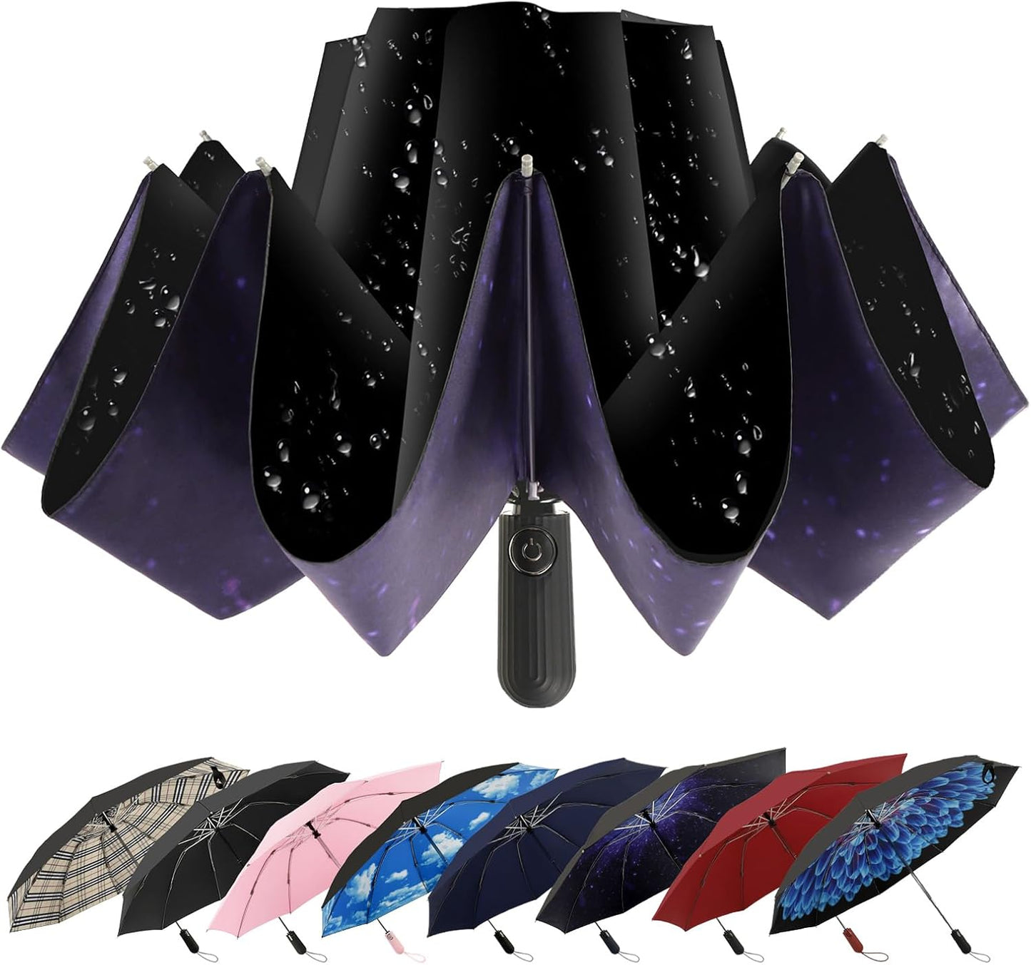 Compact Inverted Travel Umbrella, Automatic Open Close, 9-Rib 46 Inch Windproof Umbrella