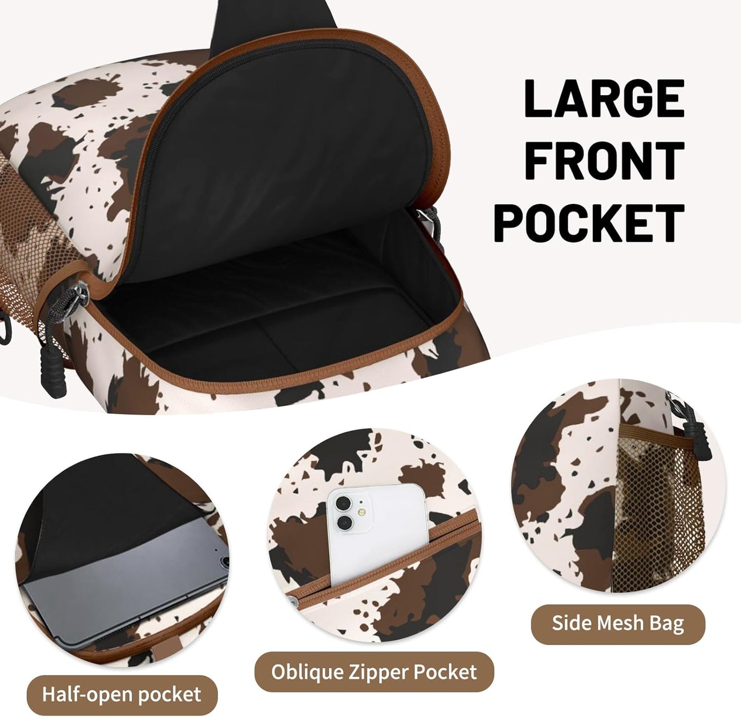 Brown Cow Print Sling Bag Crossbody Chest Bag for Women Men, Water Resistant Lightweight Casual Crossbody Bag with Adjustable Strap, Travel Hiking Daypack Shoulder Backpack