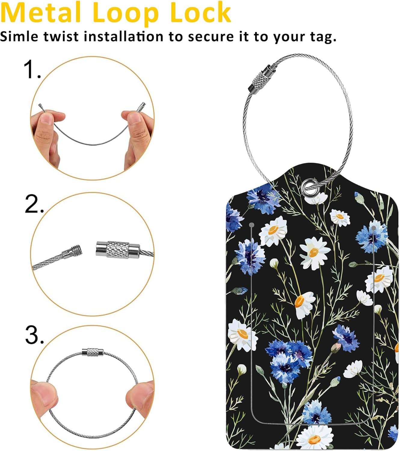 2 Pack Luggage Tags for Suitcases,Watercolor Daisy Luggage Tag,PU Leather Id Label Luggage Tags with Stainless Steel Loop and Privacy Cover for Women Men Teens Travel