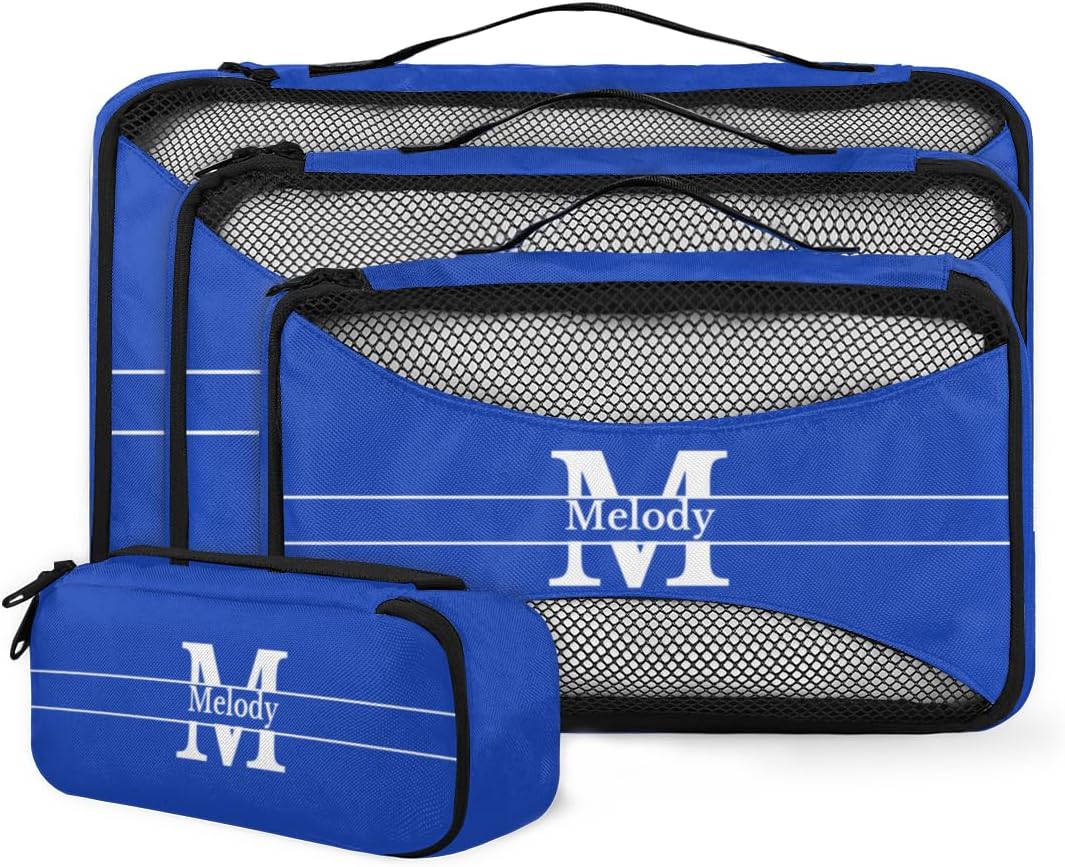 Custom 4 Packing Cubes Set, Lightweight Mesh Travel Luggage Organizers for Travel, 4 Pieces Suitcase Storage Bags, Navy Blue with Initial letter