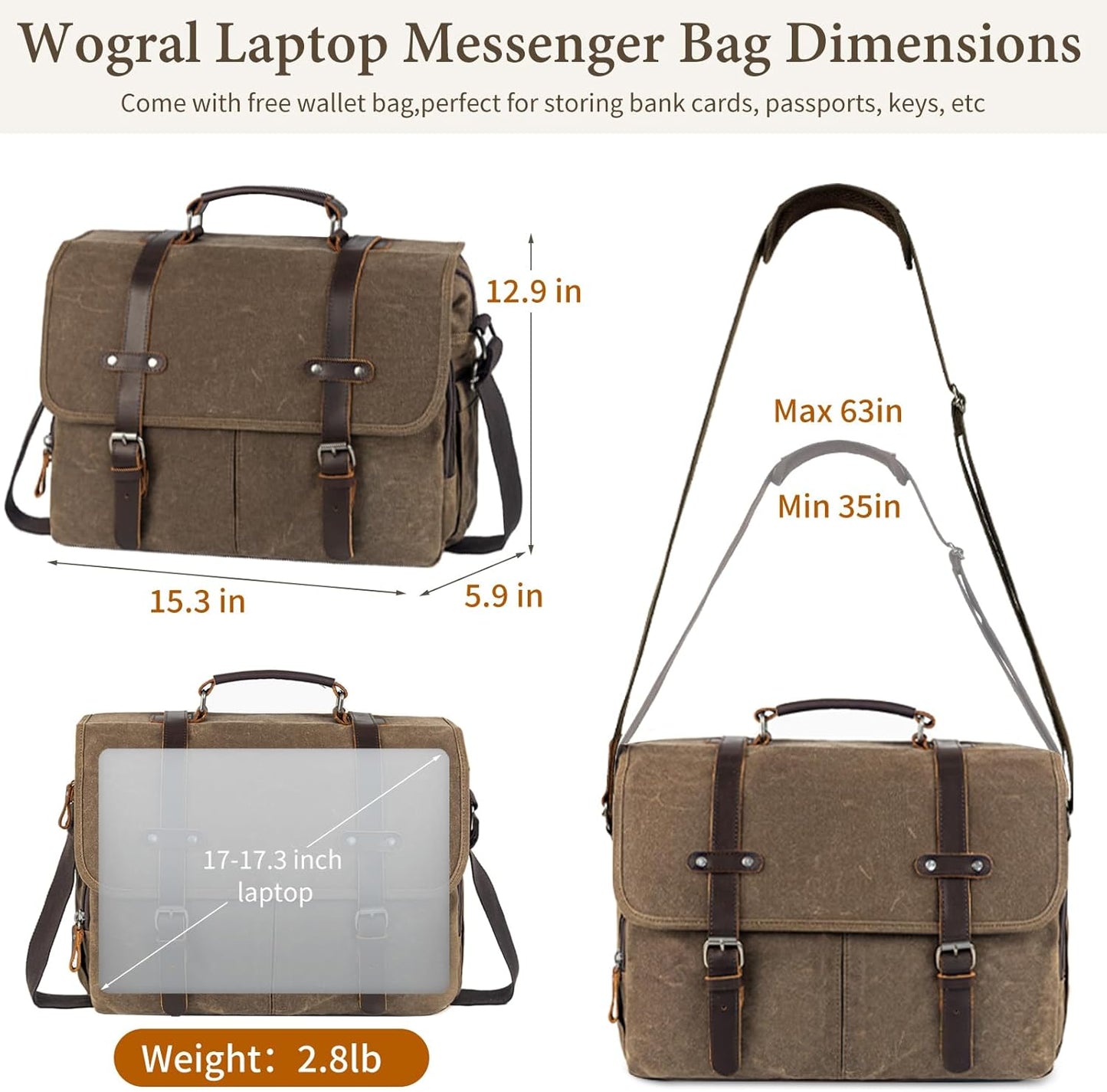 Wogarl 15.6" Messenger Bag for Men: Leather Waxed Canvas Briefcase Large Computer Laptop Bag Handbags Crossbody Bags for Work