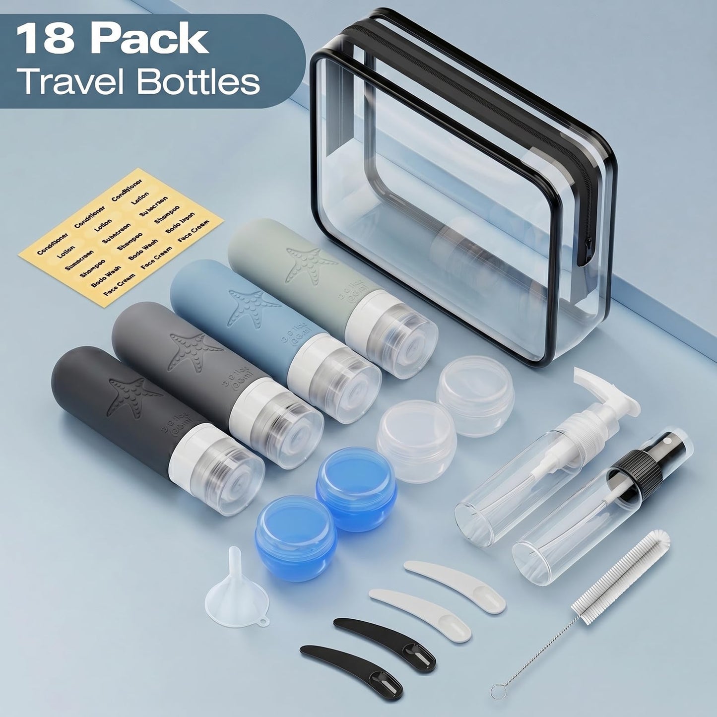 JBYAMUS 18 Pack Travel Bottles for Toiletries - TSA Approved, Triple Leak Proof Silicone Set, 3oz