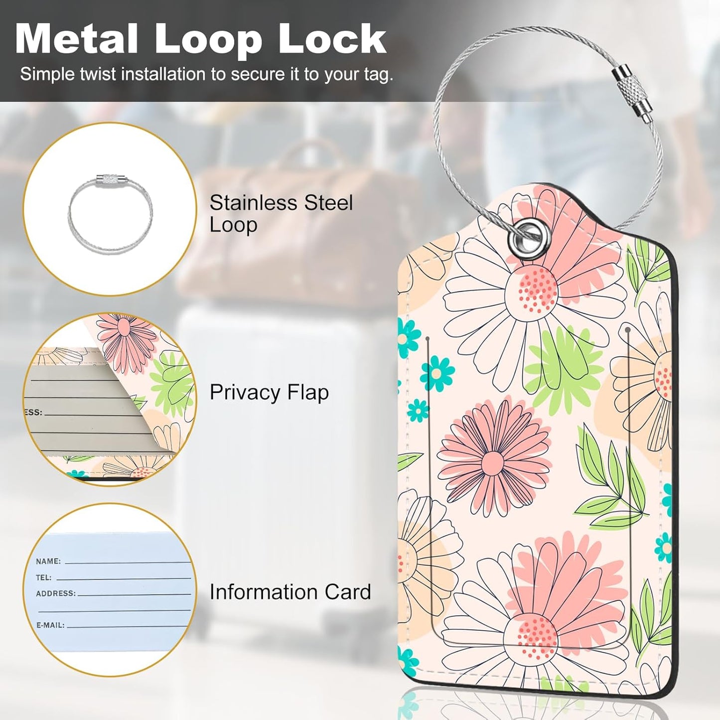 2Pack Luggage Tags for Suitcases, Cute Unique Pu Leather Cruise Luggage Tag with Privacy Cover ID Label Address Card and Metal Ring Suitable for Women Men Kids Travel Bag Pink Line Flower