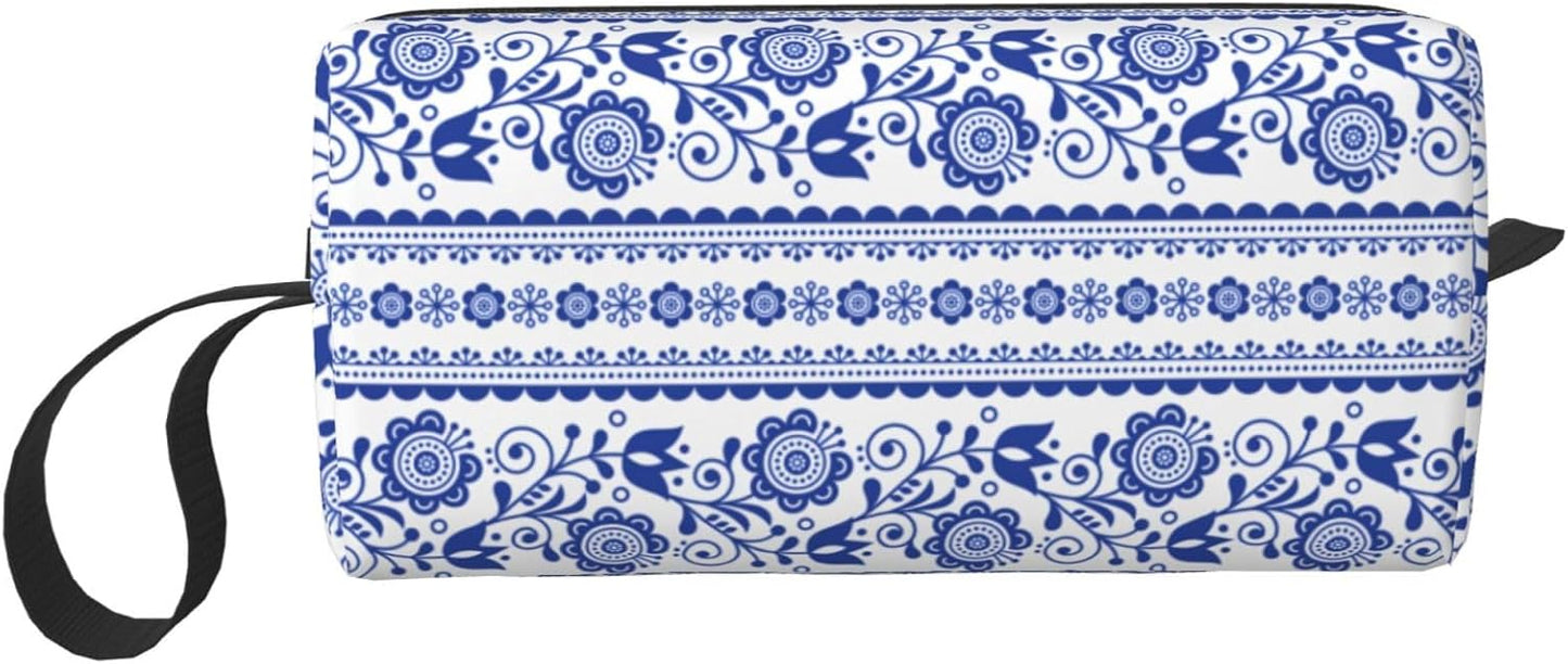 Folk Art Blue-White Floral Makeup Bag Small Compact & Durable Boho Travel Cosmetic Bag Organizer Oxford Fabric Multi-Purpose Storage Perfect for Travel, Gym, Daily Use