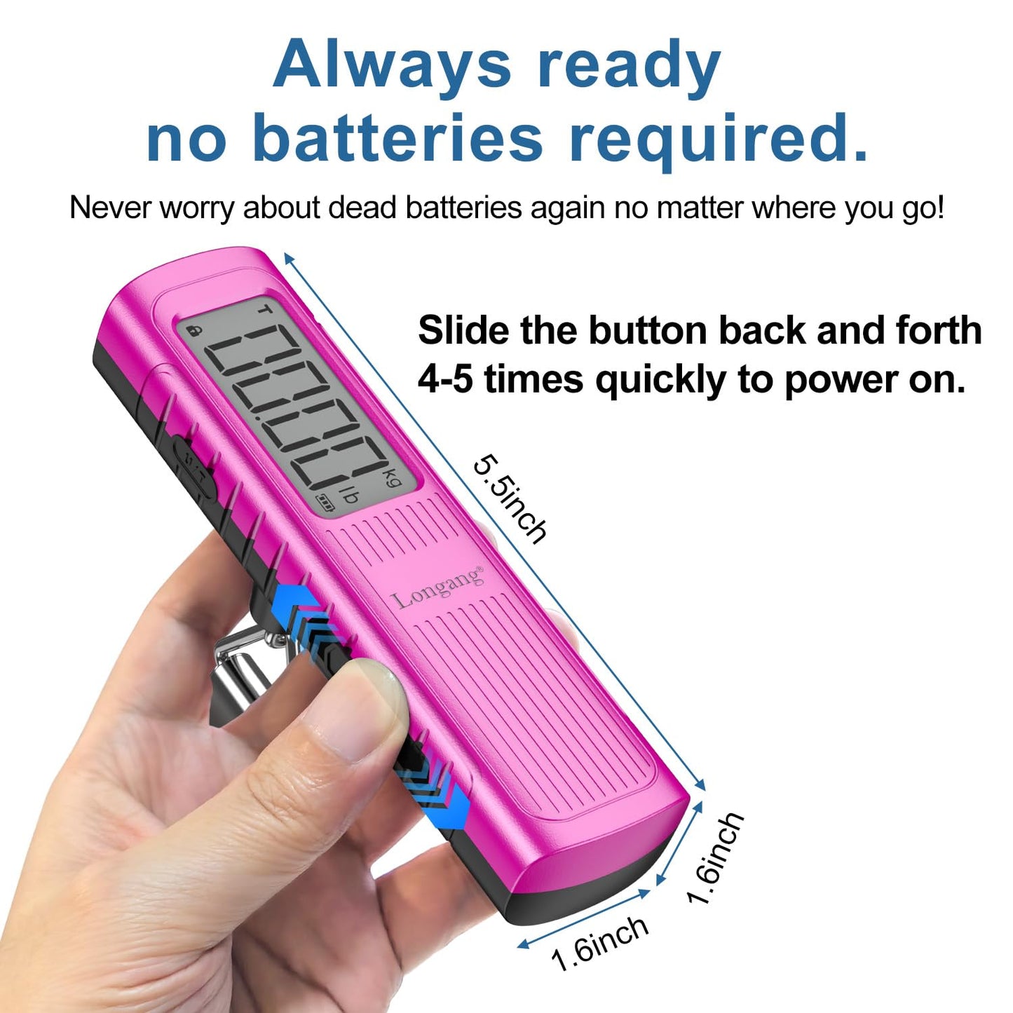 Battery-Free Digital Luggage Scale, 110lbs/50kg Portable Handheld Hanging Scale for Luggages, Suitcases, Backpacks & Bags, Easy Weighing for Travel, No Need Batteries (Pink)
