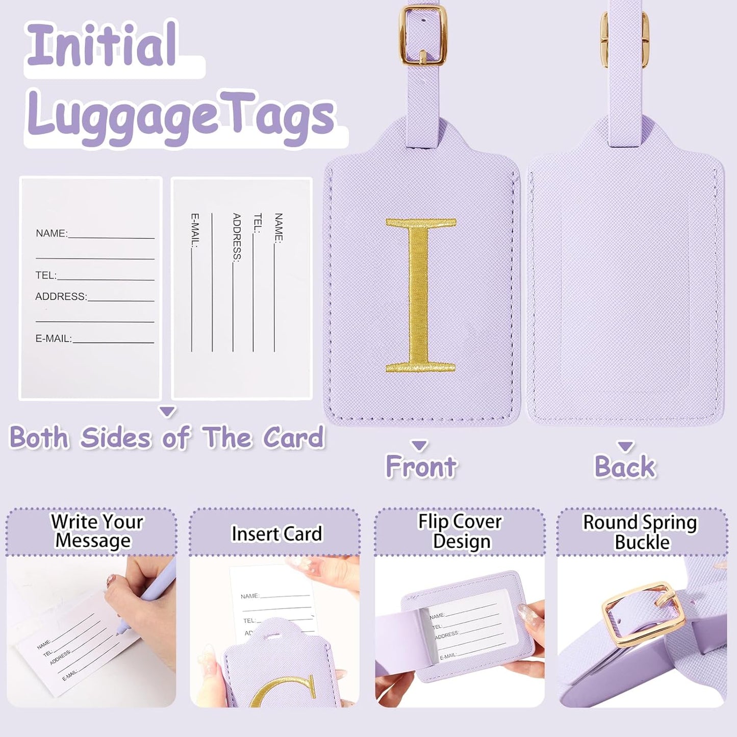 Initial Letter Luggage Tags for Suitcases, Embroidered Monogrammed Suitcase Luggage Identifier Name Tag, PU Leather TSA Approved Luggage Tags, Bag Tags for Men Women Kids Luggage Handbags(Purple I)