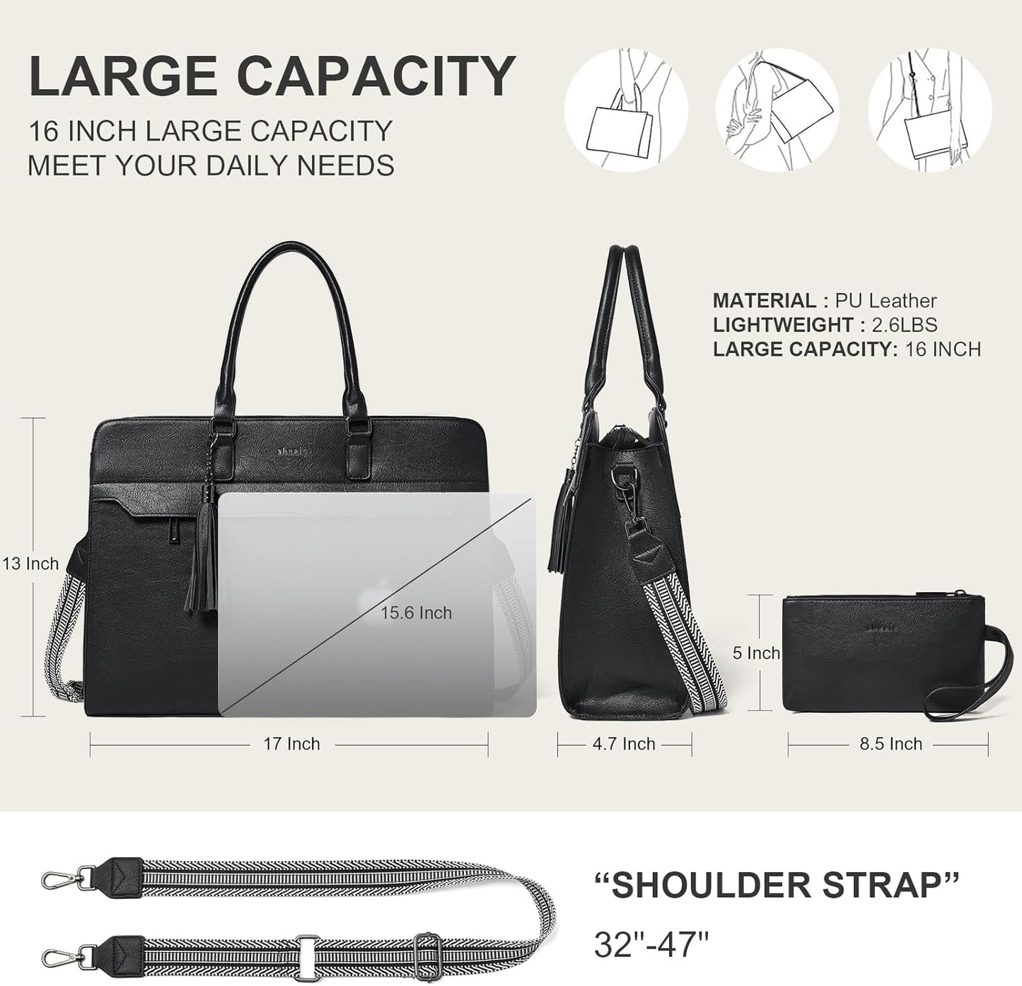 Shrrie 15.6 inches Laptop Bag for Women,Water-Resistant Work Bag Laptop Tote Bag,Briefcase with Satchel Purse
