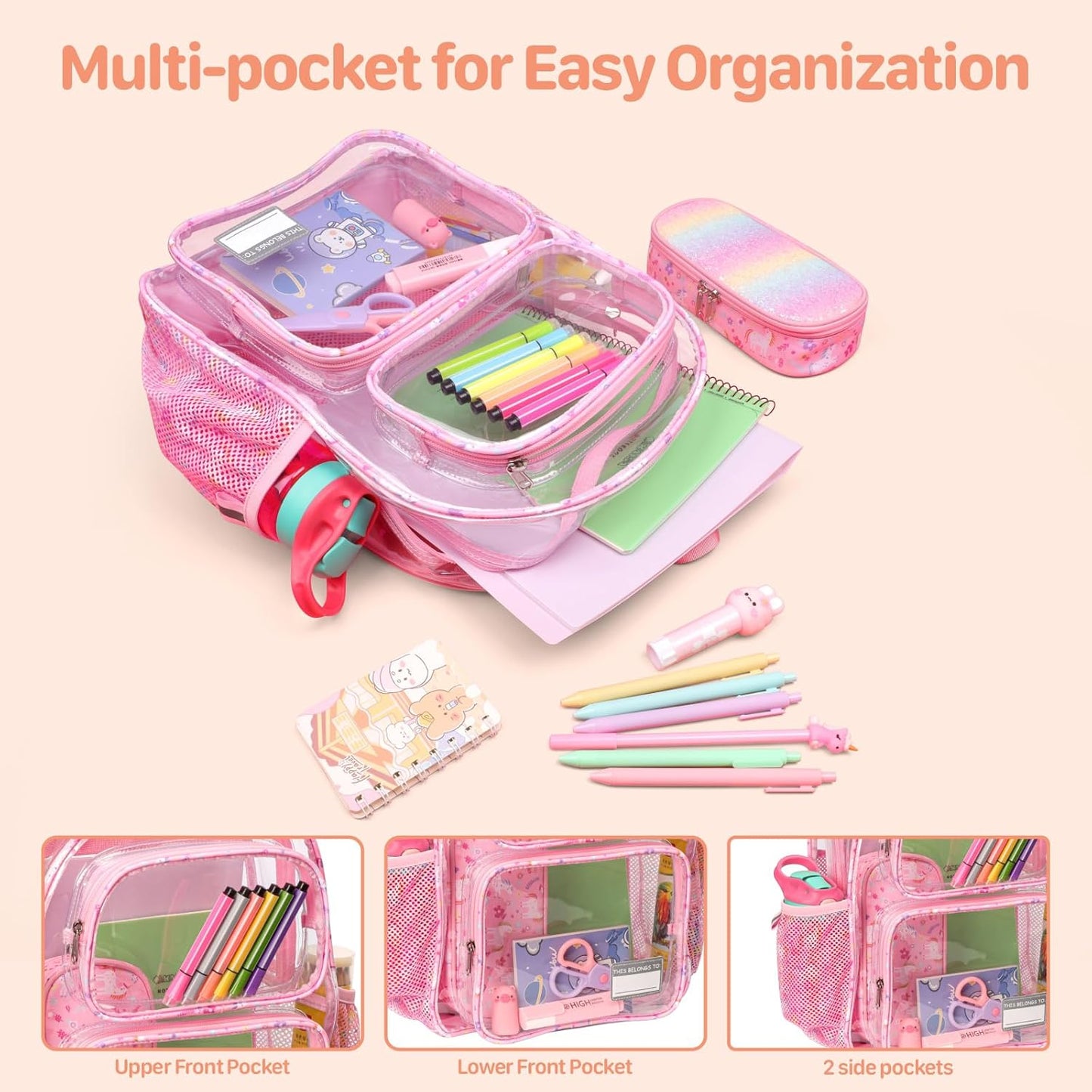 Bagseri Clear Backpack for Girls - 15 Inch Kids Backpack With Lunch Bag, Heavy Duty See Through Bookbag for School, Transparent for Ages 3-8, Pink Unicorn