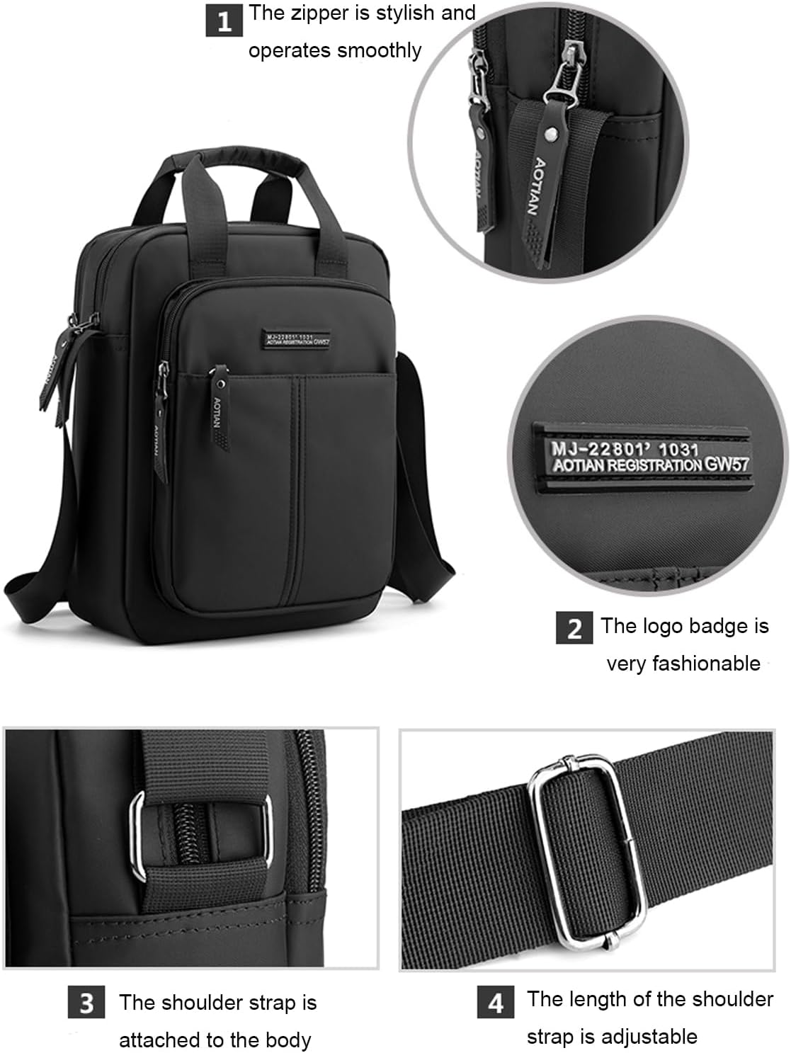 Men's Shoulder Bag Nylon Crossbody Bag Waterproof Casual Black Messenger Bag for Work Travel, Black