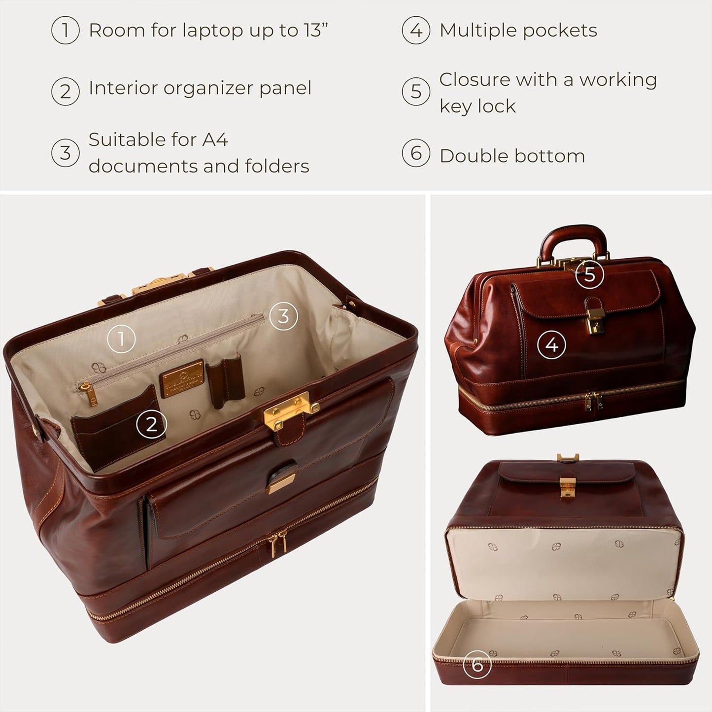 Time Resistance Leather Doctor Bag - Italian Handmade Medical Bag - Vintage Style Handbag - Real Leather Briefcase