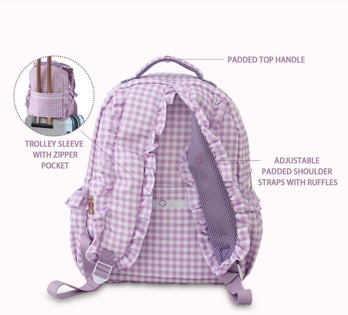 DYSHAYEN Kids Backpack for Girls, 15" Ruffled Backpack for School Kindergarten Bookbag 5-8, Fully Opened Compartment (Purple Gingham)