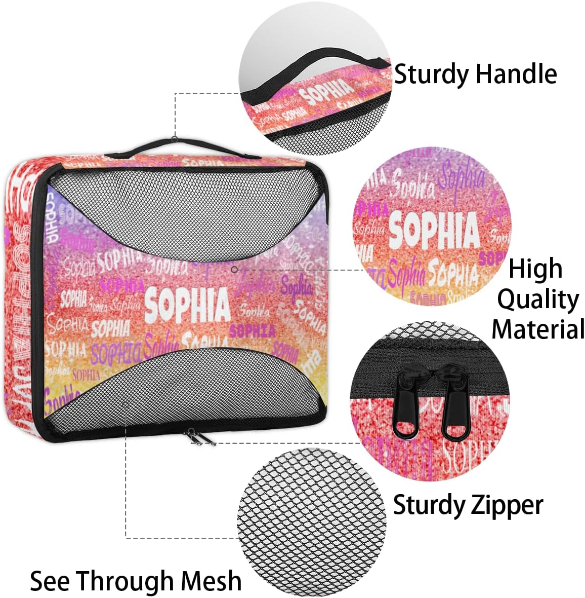 Personalized Packing Cubes, Set of 4 with Zipper Handles, Custom Name Travel Suitcases Luggage Packing Organizers, Purple Red Yellow Glittering