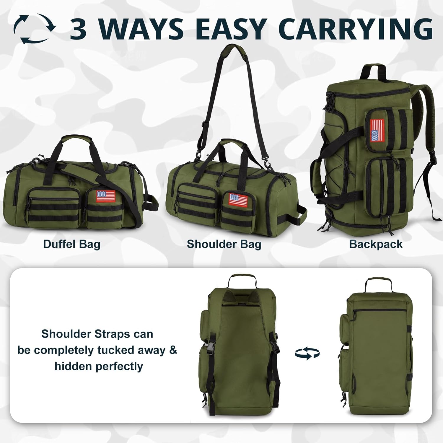 Tactical Gym Bag for Men，50L Large 3 in 1 Sports Duffle Bag with Shoes Compartment for Travel,Water