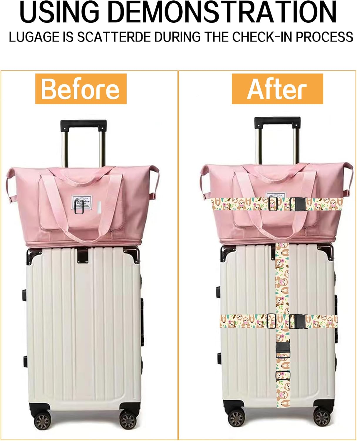 Luggage Straps for Suitcases, Adjustable Travel Belt, Durable Wide Luggage Strap, Cute Suitcase Strap Identifiers with Buckle, Bag Straps for Luggage, Cute Sloth
