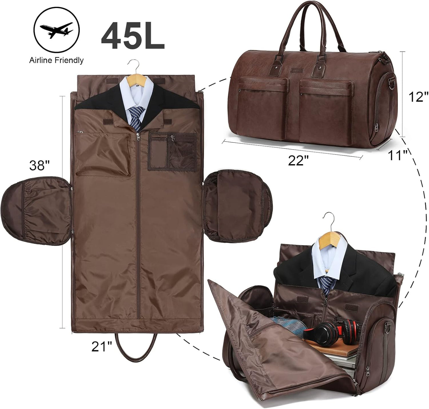 Modoker Convertible Leather Garment Bag, Carry on Garment Bags for Travel Waterproof Garment Duffel Bag Gifts for Men Women Business - 2 in 1 Hanging Suitcase Suit Travel Bags in Brown