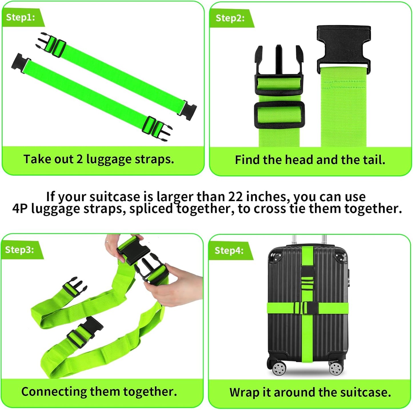 vivinin 4 Pack Luggage Straps, Luggage Belt with Buckle Closure, Adjustable Luggage Belt for Travel Bag Closure, Luggage Security (Neon Green)