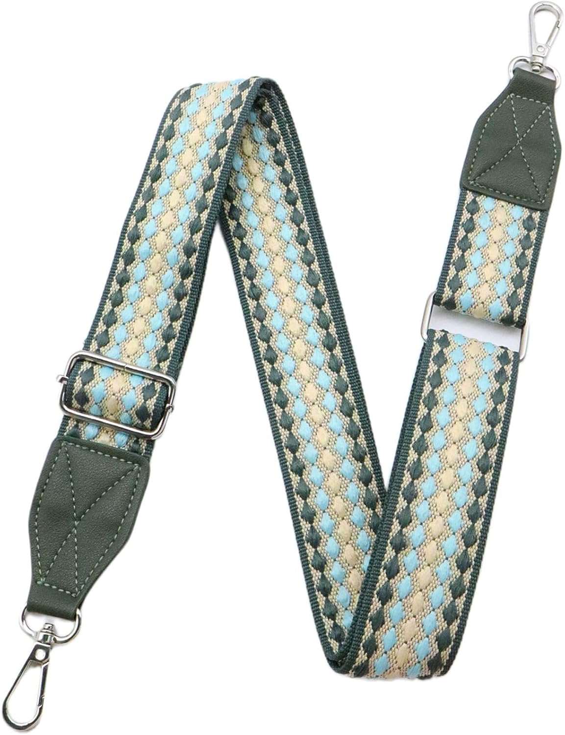 Adjustable Purse Strap with Green Leather End - 1.5" Wide Handbags, Camera, Guitar, Phone & Crossbody Bag Replacement Shoulder Straps(Silver Hardware)