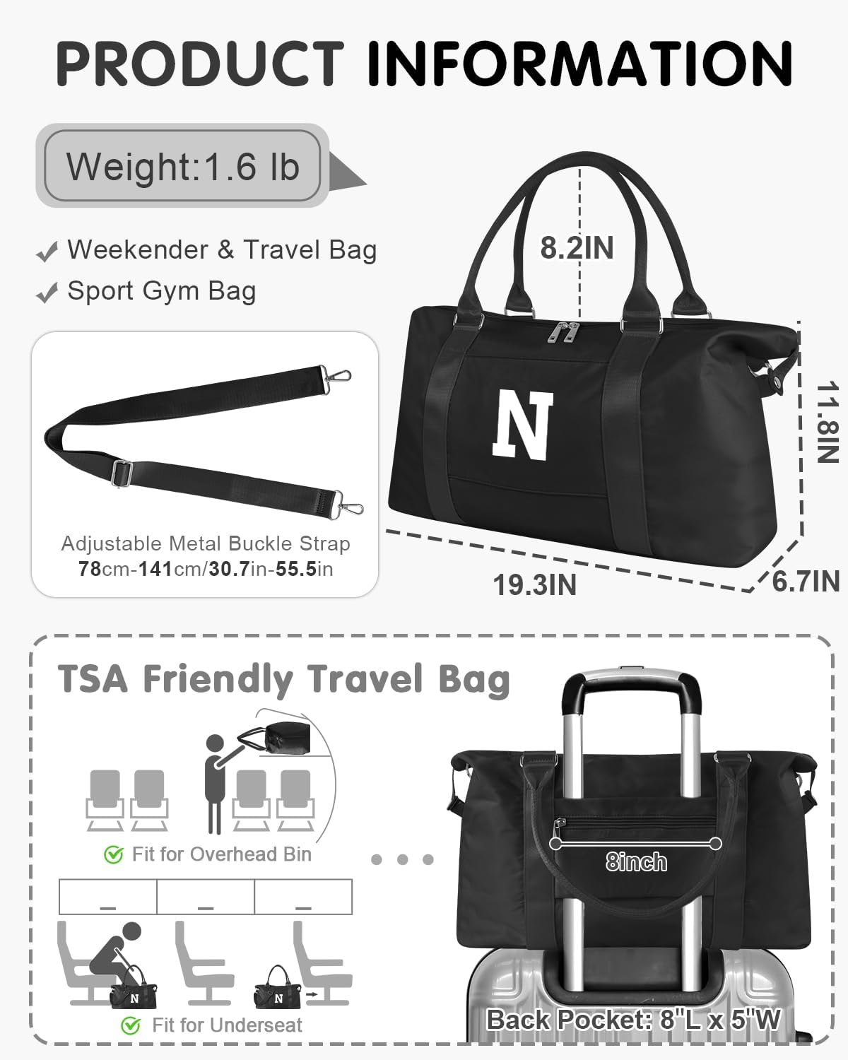 Initial Travel Duffel Bag Sports Gym Bag for Boys Teen Birthday Gifts,Black Personalized Weekender