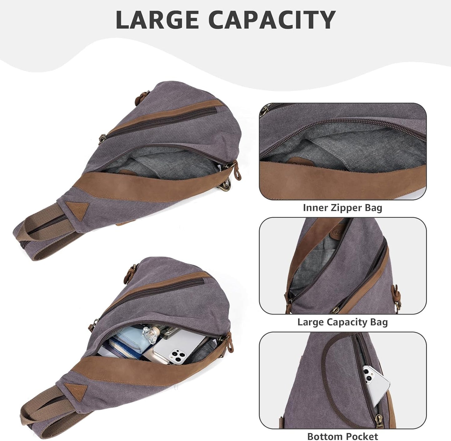 KL928 Canvas Sling Bag for Men Women, Genuine Leather Design Shoulder Crossbody Bags Backpacks