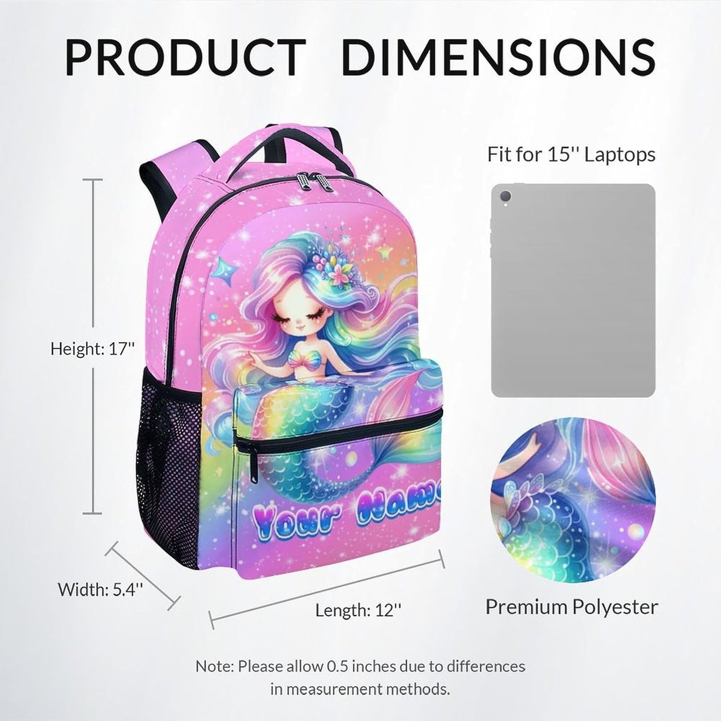Girl Backpack, Personalized Mermaid Backpacks for Kids, 17" Toddler Bookbag for Preschool Kindergarte Elementary, Back to School Gifts Ideas