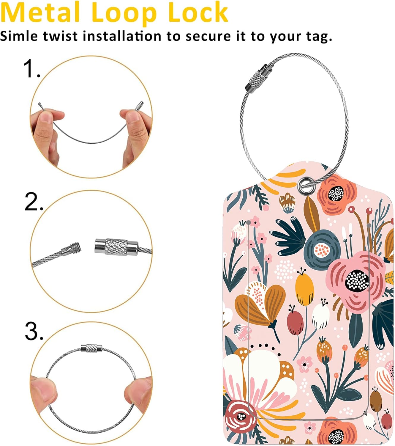 2 Pack Luggage Tag for Suitcase,Creative Floral PU Leather Suitcase Tags Identifiers with Privacy Name Address Labels and Durable Steel Loop for Women Men Travel