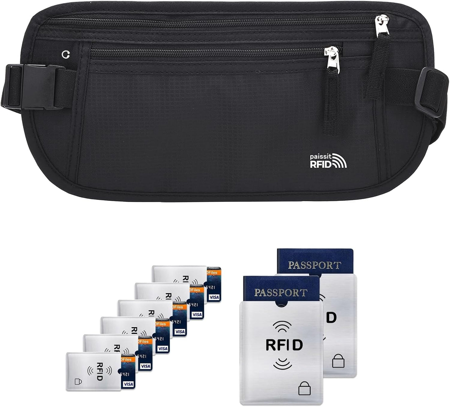Unisex Money Belt with RFID Blocking Sleeves, Slim Passport Holder RFID Blocking Travel Essentials, Waist Pouch to Protect Cash, Black & 6 Sleeves