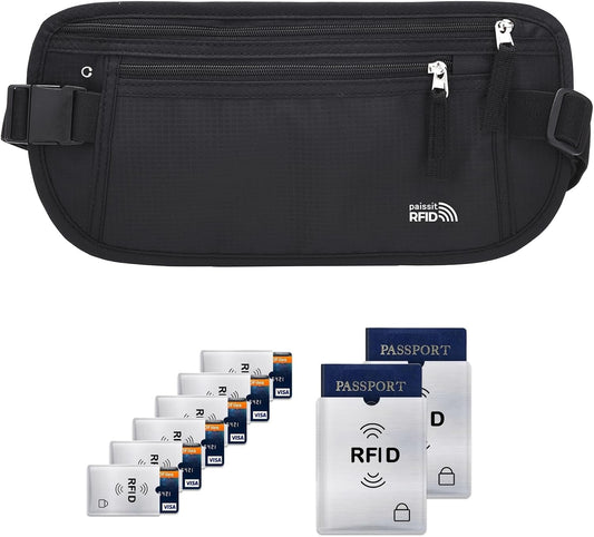 Unisex Money Belt with RFID Blocking Sleeves, Slim Passport Holder RFID Blocking Travel Essentials, Waist Pouch to Protect Cash, Black & 6 Sleeves