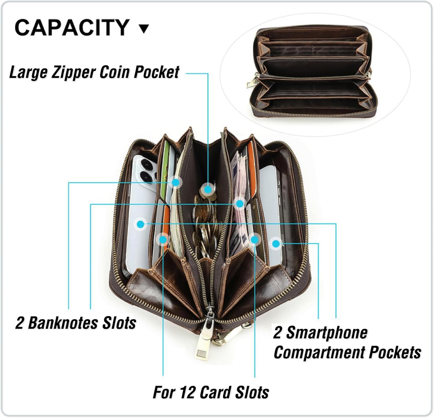 Top Grain Genuine Oiled Leather Clutch Wallet for Man & Woman, Handmade Vintage Design, Multi Pockets & Slots & Detachable Wristlets, RFID Large Capacity for Cards/Checks/Money/Passport, Red Coffee