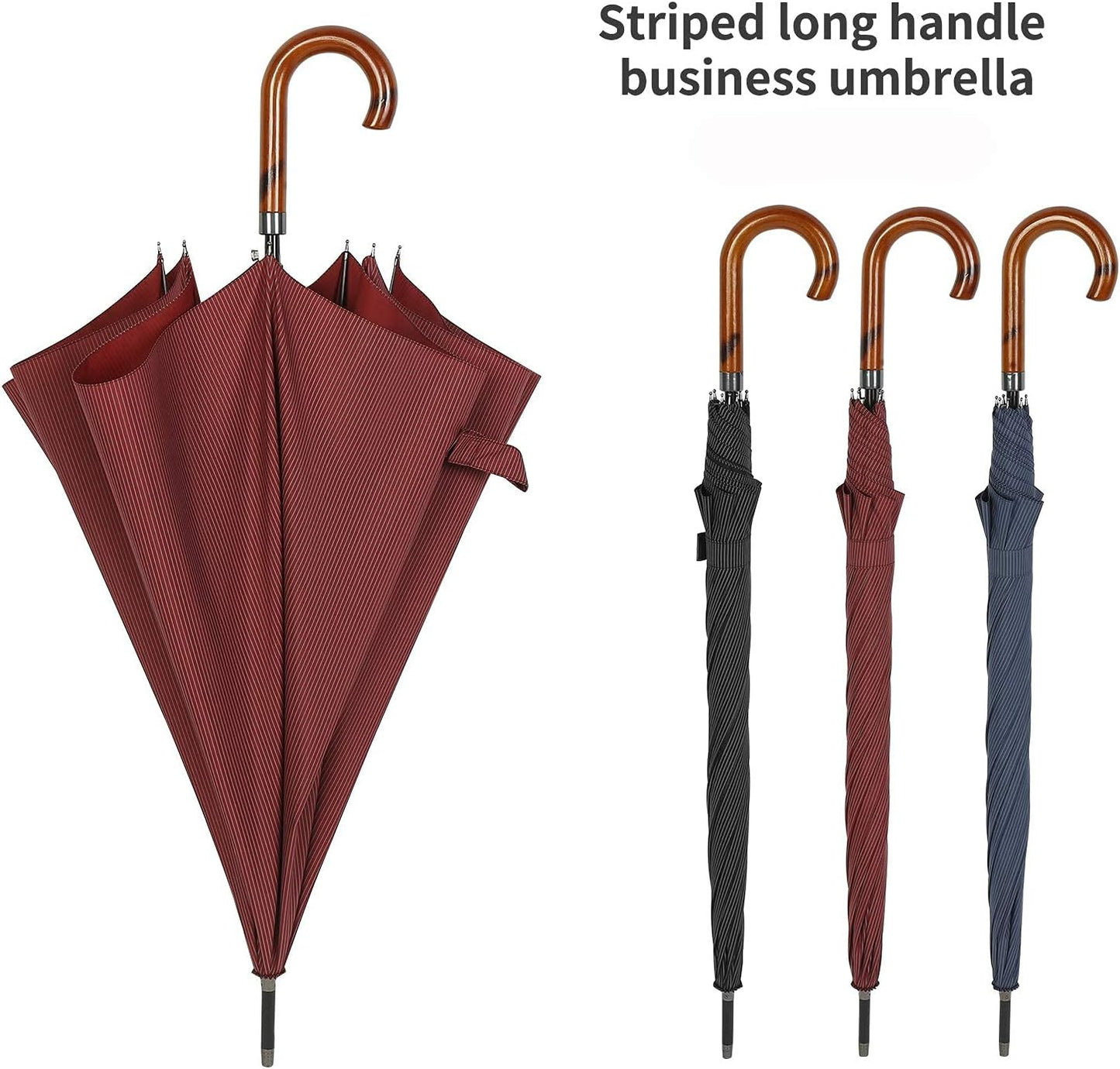 TIME LOVER Stick Umbrella Oversize Windproof Umbrella Wooden Hook Handle J Stick Automatic Open Fast Drying Umbrella for Men Women(Red stripe)