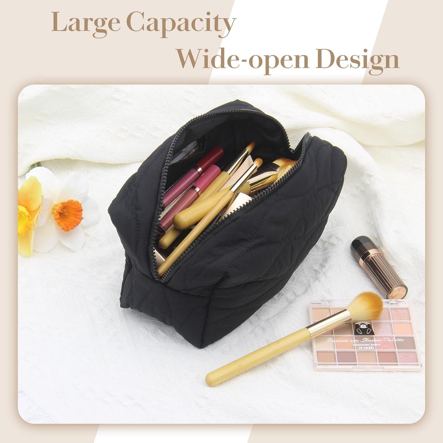 Make up Bag Travel Cosmetic Bag for Women Girls Zipper Puffy Padded Makeup Organizer Waterproof Portable Pouch Purse Lightweight Toiletry Accessories Storage Black