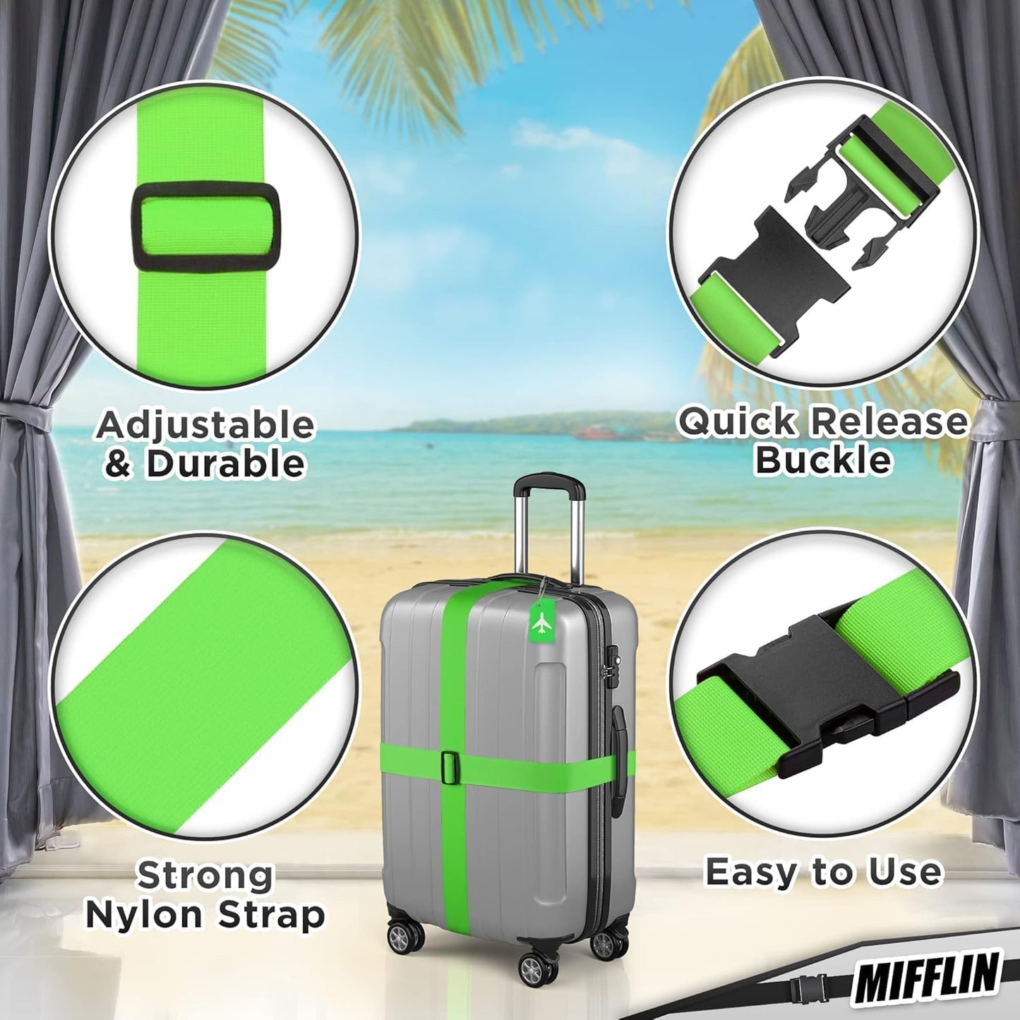 Luggage Straps - Neon Green, 78" Long, 2 Inches Wide, 4 Pack - Adjustable Nylon Belt for Travel Suitcases & Bags - by Mifflin-USA