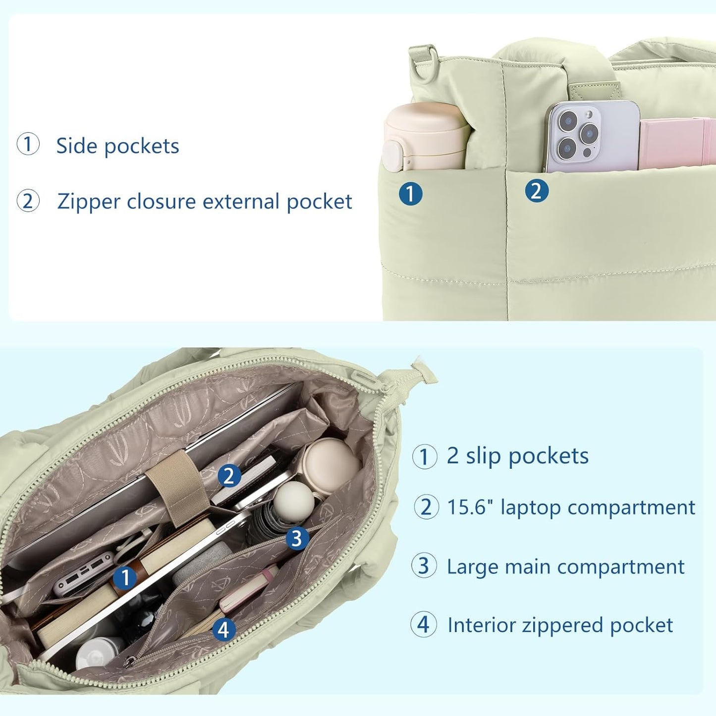 Tote Bag for Women Puffer Tote Bag Large Nurse Bags Shoulder Handbag with Zipper for Work Travel