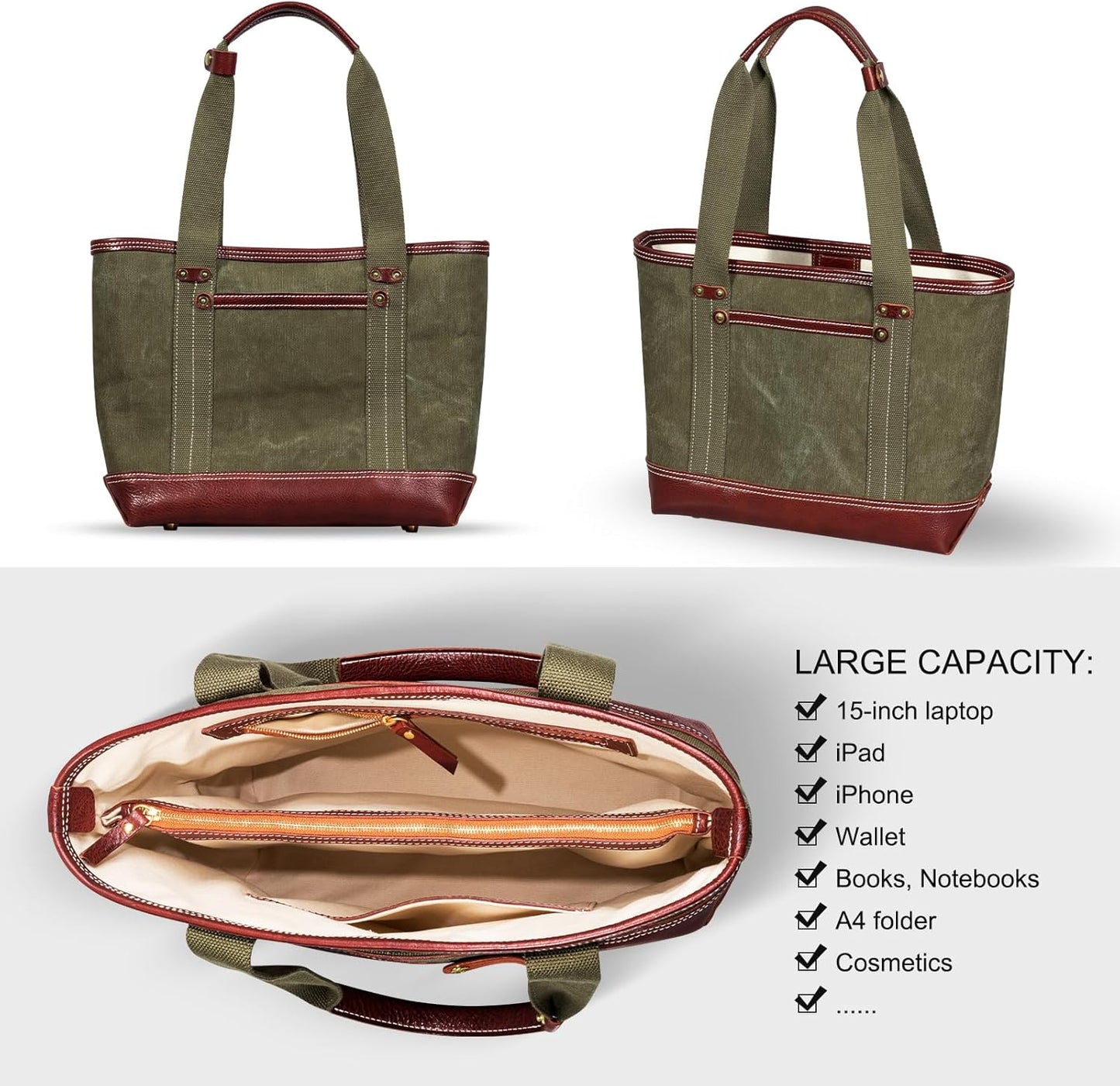 Tote Bag for Women, Canvas with Leather Handbag for Travel, Magnetic Closure,Inner Zipper Pocket