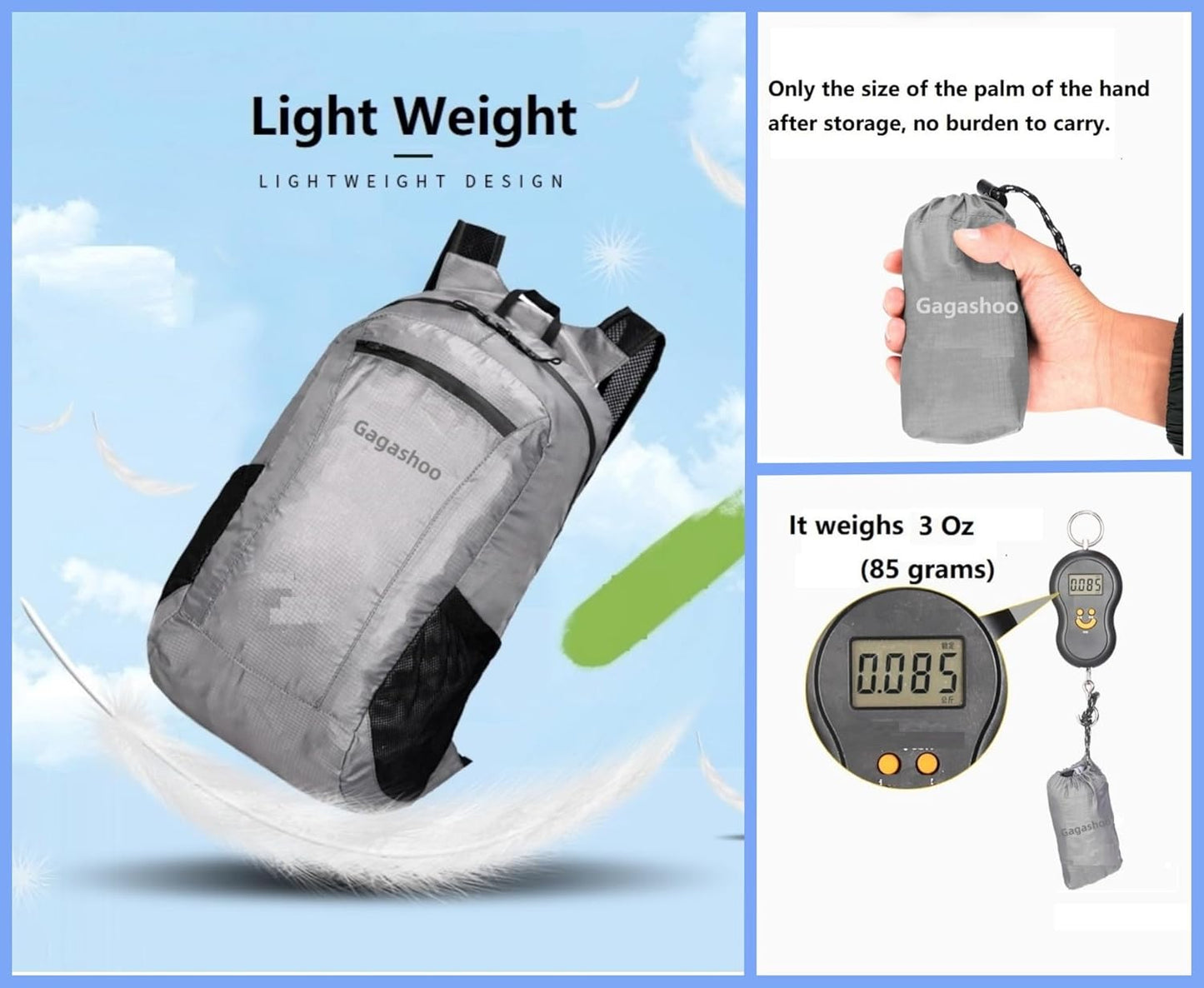 Small Foldable Hiking Daypack Packble Skin Casual Backpack Camping Cycling Travel Outdoor Day Bags Useful (Gray)