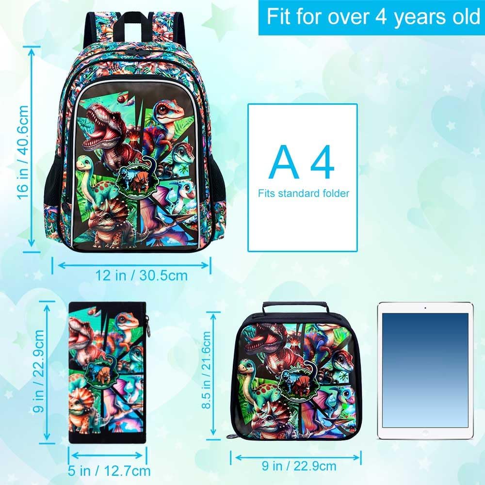 gxtvo 3PCS Kids Dinosaur Backpack, 16" Boys Bookbag with Lunch Box, Water Resistant Elementary Preschool Toddler School Bag