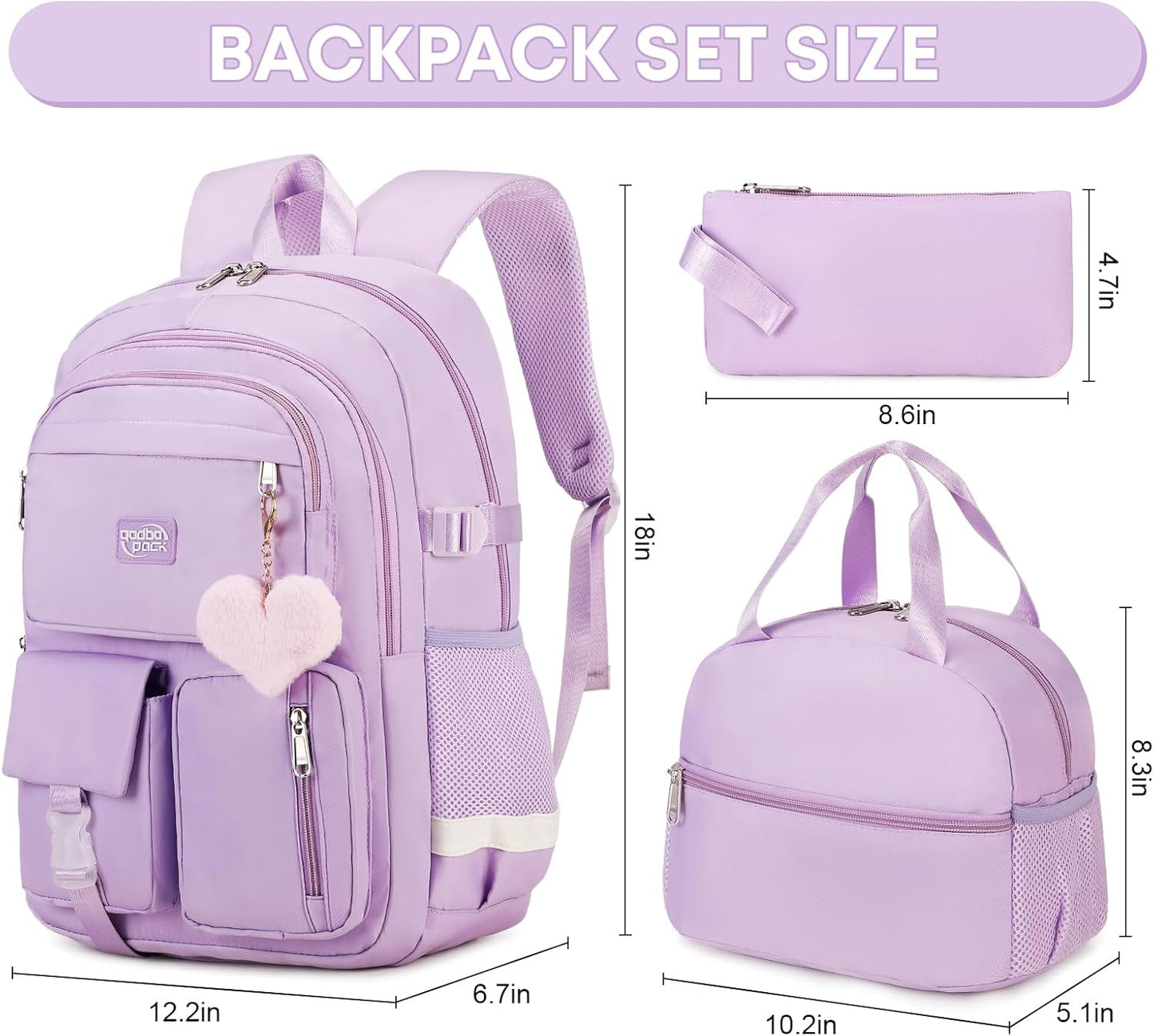 3PCS Backpack For School Women College Middle High Teen Girls Student Bookbag Waterproof Laptop Bag Purple