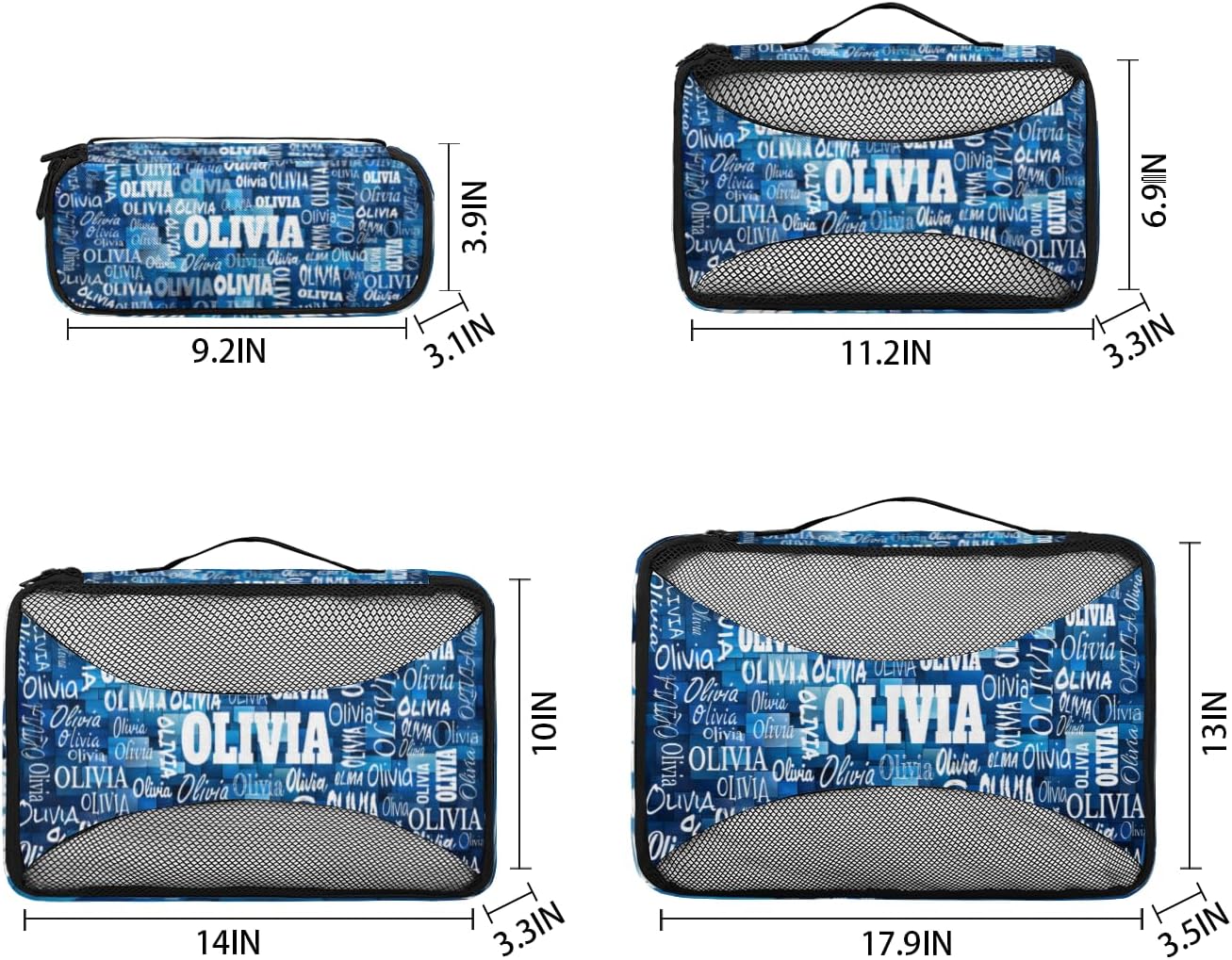 Custom 4 Set Packing Cubes for Travel, Personalized Mesh Travel Luggage Packing Organizers for Women Men, Watercolor Blue Geometric Pattern for Men Boys