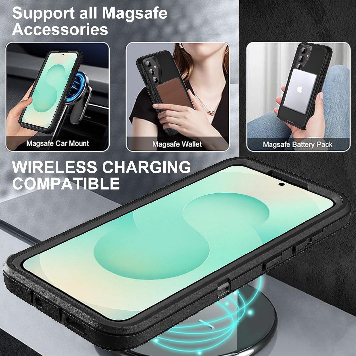 for Samsung Galaxy S25 Plus Case, Compatible with Magsafe, Military Grade 3 in 1 Heavy Duty Case with 2Pcs Tempered Glass Screen Protector & Camera Lens Protector (New-Black/Black)