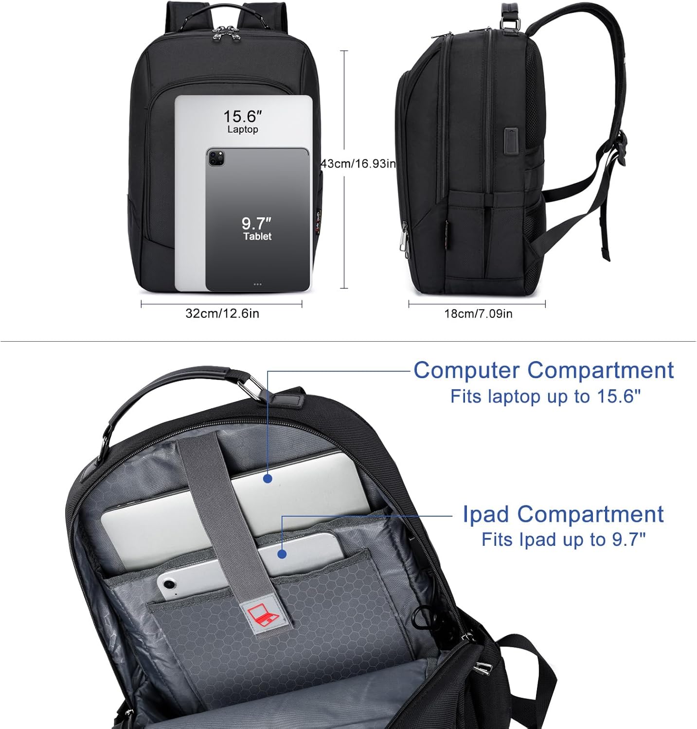 WYCY Laptop Backpack for Men - Anti Theft Computer Bag for Work, Business, College, Mochilas Para Hombres, 15.6 Inch, Black