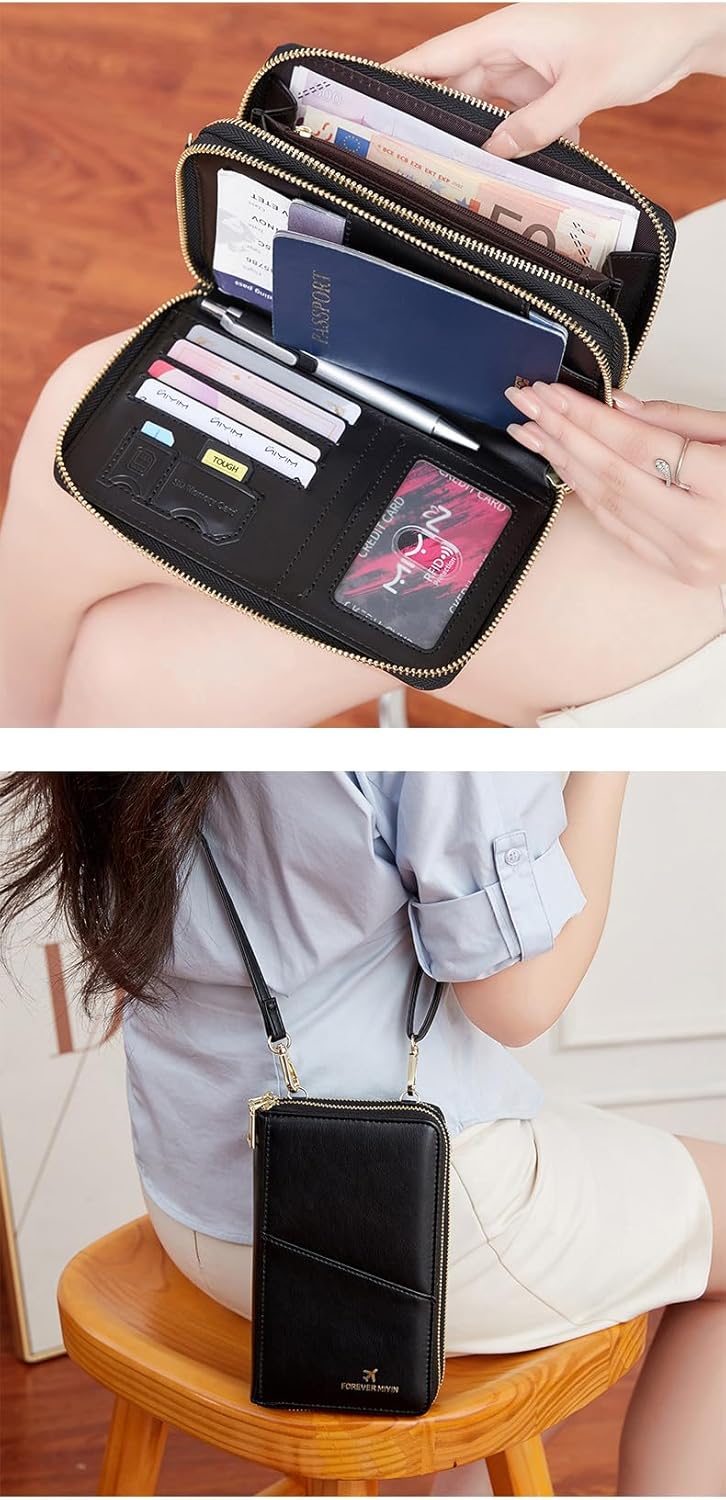US-B Passport Wallet, RFID Blocking Passport Holder Large Capacity, Lightweight PU Document Organizer for Women (Black)