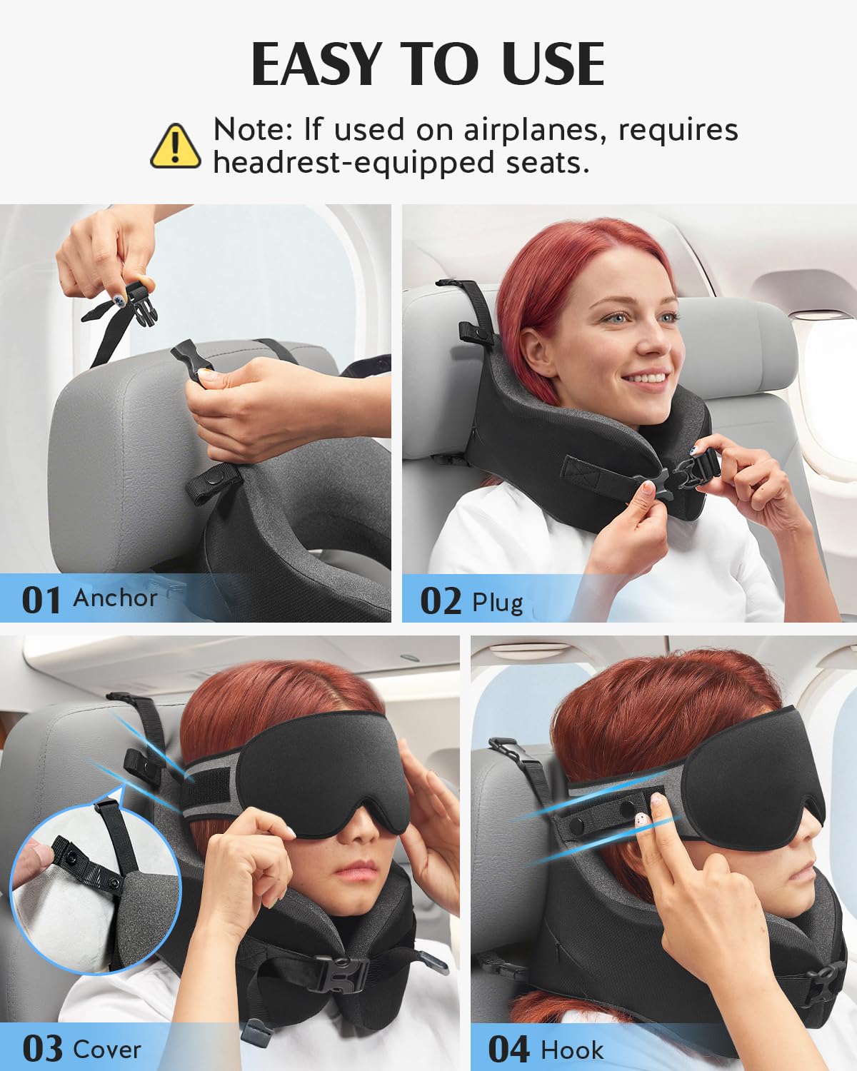 YFONG Travel Pillow with Head Support & Sleep Mask for Long Flights, Black