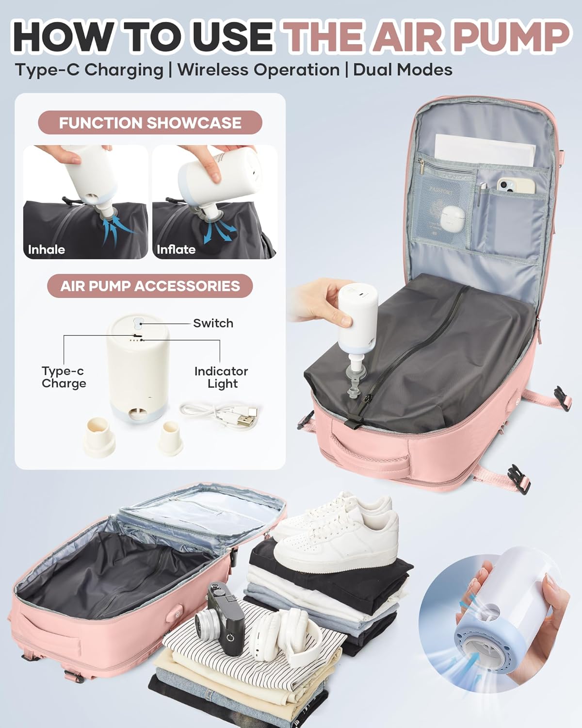 Vacuum Seal Travel Backpack with Air Pump,Compression Vacpack Waterproof Carry On Backpack for Travel Women Men with Vacuum System,Airlines Approved Daypack Laptop Space Saver Bags,Pink