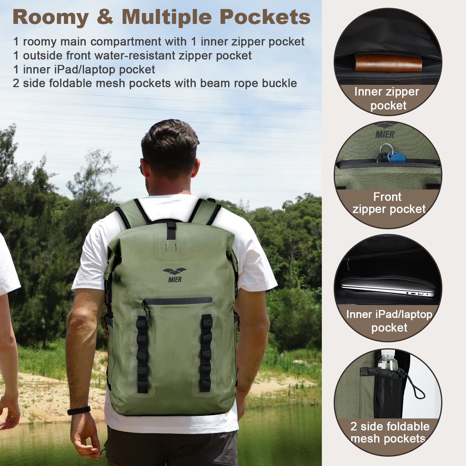 MIER Roll Top Waterproof Backpack Floating Dry Bag for Men Women, 30L Green