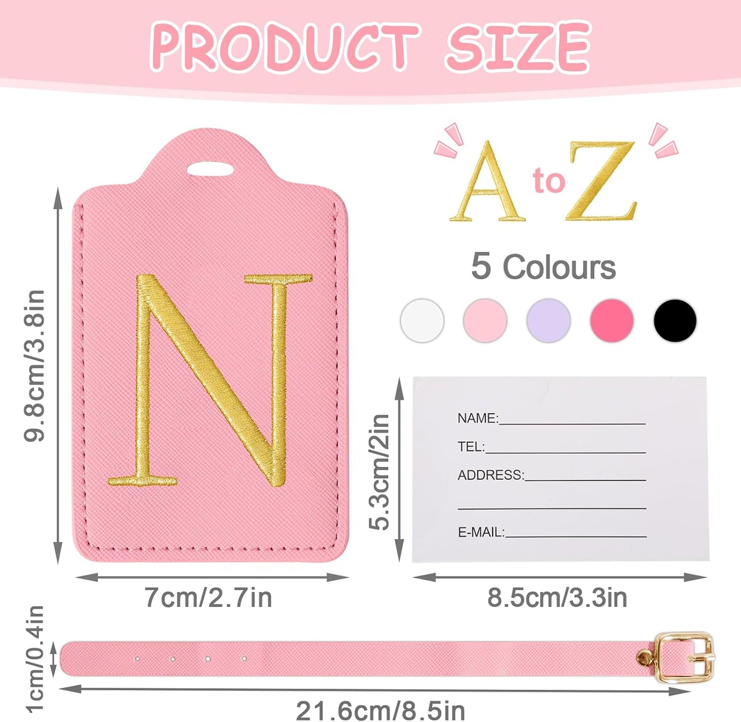 Initial Letter Luggage Tags for Suitcases, Personalized Embroidered Letter Luggage Bag Suitcase Identifier Name Tag, Cute PU Leather Travel Luggage Tags, Bag Tags for Luggage Handbags(Pink N)